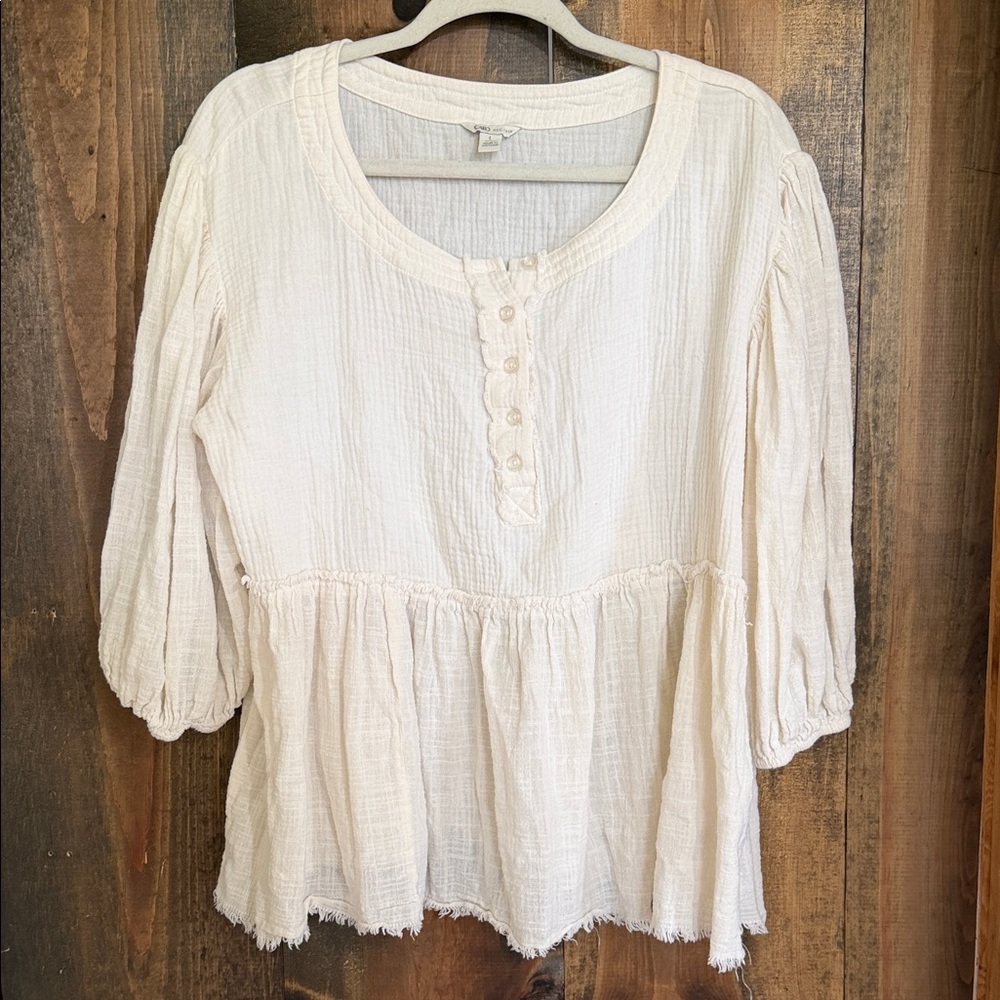Cato Cream Gauze Peasant Tunic with Button Placket